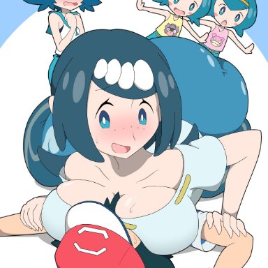 1boy, 4girls, :d, :o, amauchi, ass, baseball cap, between breasts, blue eyes, blue hair, blush, breast smother, breasts, cowgirl position, creatures (company)