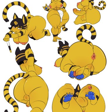 1futa, alternate version available, animal crossing, ankha, anus, areolae, back, back view, balls, big ass, big breasts, blue hair, bottom heavy, breasts, cock-tail