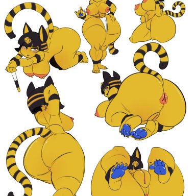 alternate version available, animal crossing, ankha, anus, areolae, back view, big ass, big breasts, blue hair, bubble butt, dat ass, feline, female, front view, huge ass