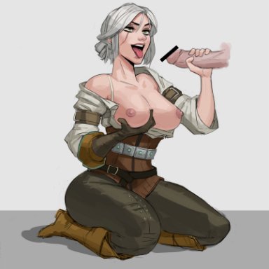 amugea, big breasts, breasts, ciri, female, green eyes, handjob, open mouth, the witcher (series), the witcher 3: wild hunt, white hair