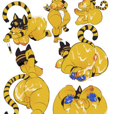 1futa, alternate version available, animal crossing, ankha, anus, areolae, back, back view, balls, big ass, big breasts, blue hair, bottom heavy, breasts, bukkake