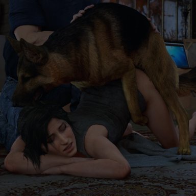 bestiality, brown hair, canine, clothed sex, dog, doggy style, eyes closed, lara croft, the vice art, tomb raider, zoophilia