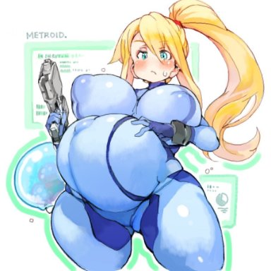 1girls, blush, breasts, female, female only, huge belly, large breasts, metroid, pregnant, ready to pop, sachito, samus aran, solo, zero suit, zero suit samus