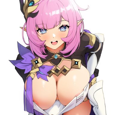 1girls, bent over, big breasts, blue eyes, blush, breasts, busty, elysia (honkai impact), ett, exposed breasts, exposing chest, female, female only, hand on hip, honkai impact