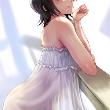 1girls, arm support, ass, bare legs, bleach, breasts, camisole, daraz18aka, female, female only, hair between eyes, highres, kuchiki rukia, light-skinned female, light skin