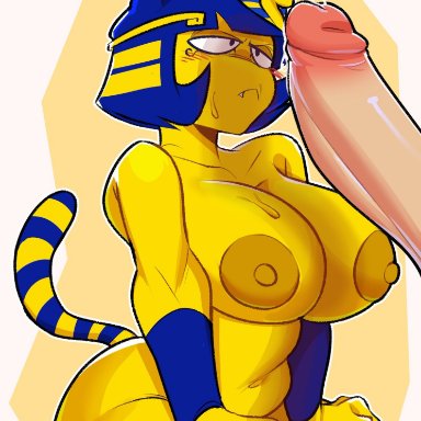 1girls, animal crossing, ankha, areolae, ass, big breasts, blue hair, blush, breasts, egyptian, feline, female, huge cock, huge cock, looking at penis