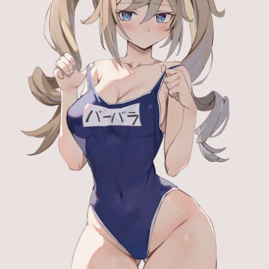 barbara (genshin impact), big breasts, blonde hair, blue eyes, breasts, cameltoe, genshin impact, japanese text, school swimsuit, simao, swimsuit, swimsuit pull, thick thighs, thighhighs, thighs