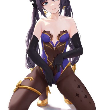 1girls, arm gloves, black hair, blue eyes, bodystocking, female, female only, genshin impact, heels, hi res, hiki niito, kneeling, long hair, looking at viewer, mona (genshin impact)