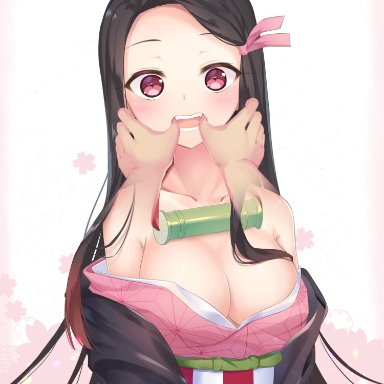 1girls, bare shoulders, black hair, cleavage, demon slayer, disembodied hand, disembodied hands, fangs, female, female focus, fingers in mouth, fishhooking, gag around neck, hair ribbon, kamado nezuko