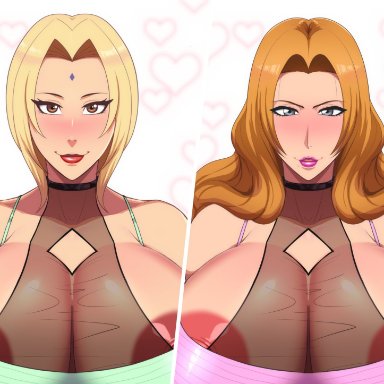 2girls, alternate breast size, alternate costume, areola slip, areolae, bare shoulders, big breasts, bleach, blonde hair, breasts, breasts bigger than head, brown eyes, clothed female, clothing, crop top