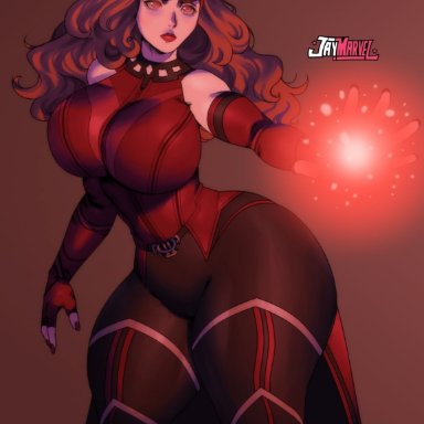 marvel, scarlet witch, jay-marvel, huge breasts, wide hips, fully clothed, red hair, red eyes, huge ass