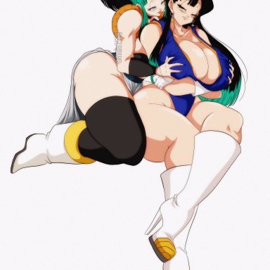 2girls, ass, breast grab, breasts, bulma briefs, chichi, cleavage, dragon ball, dragon ball super, female, female only, fusion, groping, huge ass, huge breasts