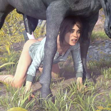 1boy, 1girls, 3d, all fours, ambiguous penetration, bottomless, brown hair, doggy style, geebee, horse, horsecock, looking away, medium hair, on ground, open mouth