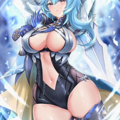 1girls, belly button, big breasts, blue hair, boob window, cleavage, curvy, curvy figure, cyi, eula (genshin impact), female, female only, genshin impact, large breasts, solo