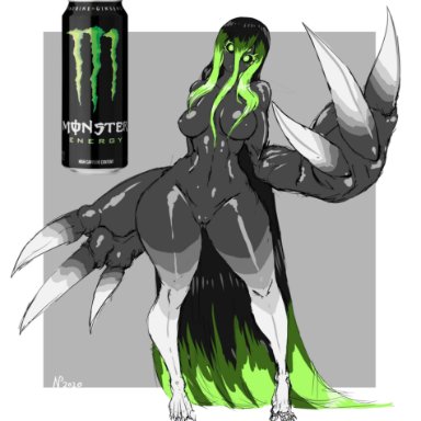 1girls, anthro, big ass, big breasts, black sclera, claws, gausscannon, green eyes, grey skin, hair on floor, long hair, monster energy drink, monster girl, multicolored hair, naked