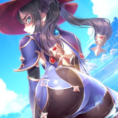 1girl, ass, blue eyes, cape, clothed, clothing, female, genshin impact, hat, long hair, looking at viewer, mona (genshin impact), ocean, open mouth, outdoors