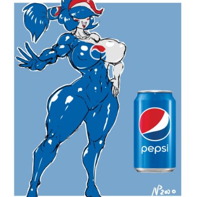 anthro, bodysuit, cameltoe, chain necklace, gausscannon, huge ass, huge breasts, multicolored hair, pepsi, pepsiwoman, ponytail, puffy nipples, smiling, soda girl (species), thick thighs