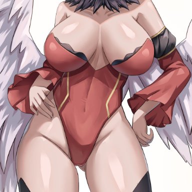 absurdres, bare shoulders, blush, cleavage, collarbone, detached sleeves, facial mark, feathered wings, forehead mark, frey (tensei shitara slime datta ken), harpy, highres, jasony, large breasts, leotard