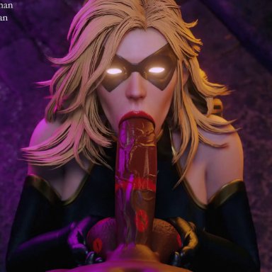 1boy, 1girls, 3d, animated, big penis, blender, blonde hair, blowjob, bouquetman, caressing testicles, carol danvers, dark-skinned male, dark skin, deepthroat, domino mask