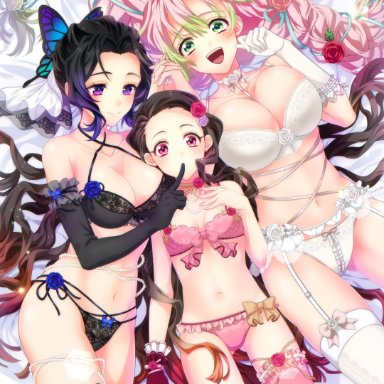 3girls, aburi rare, big breasts, black bra, black gloves, black hair, black panties, blush, bra, breast size difference, butterfly hair ornament, choker, cleavage, demon slayer, female