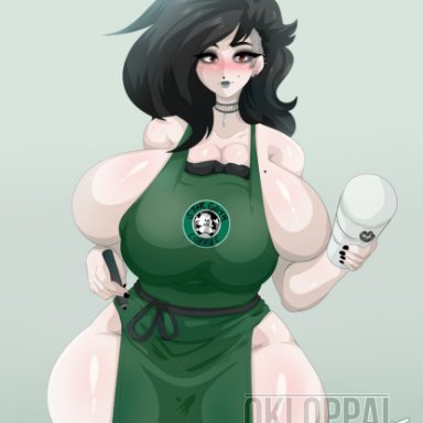 apron, beauty mark, black hair, breasts bigger than head, coffee cup, eyeshadow, female, female focus, female only, huge breasts, mole on breast, mole under eye, nail polish, naked apron, okioppai