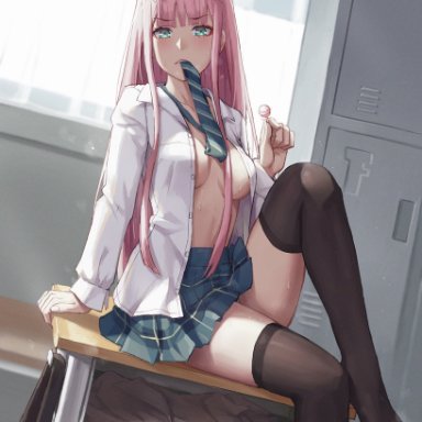 aqua eyes, arm support, black legwear, blush, breasts, chair, clavicle, colored skin, darling in the franxx, desk, eyebrows visible through hair, feet, female, female, female focus