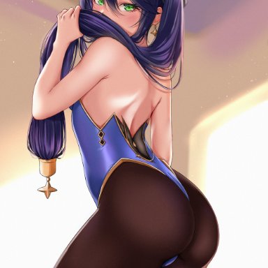 1girl, ass, clothed, clothing, ear piercing, female, genshin impact, green eyes, looking at viewer, medium hair, mona (genshin impact), on knees, purple hair, ryudraw, sideboob