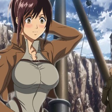 1girl, 1girls, animated, attack on titan, big breasts, blush, boobs, bouncing breasts, breasts, no sound, sasha braus, shirt lift, tagme, video