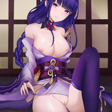 1girls, big breasts, breasts, genshin impact, japanese clothes, nipples, panties, pk trap, purple eyes, purple hair, raiden shogun, thick thighs, thighhighs, thighs