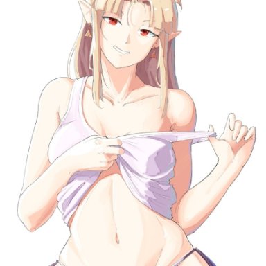 automatic giraffe, blonde hair, corrupted, long hair, looking at viewer, nintendo, panties, pointy ears, princess zelda, red eyes, removing clothing, removing shirt, thick thighs, wide hips, zelda (a link between worlds)