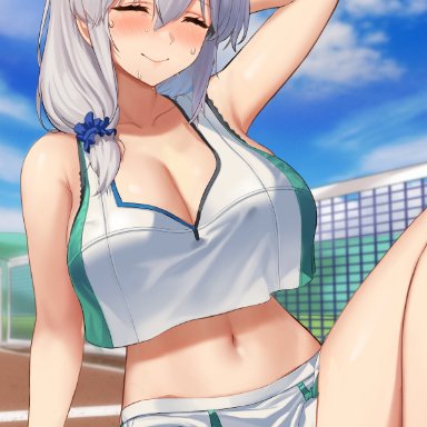 1girls, arm behind head, arm support, ball, blue scrunchie, blue sky, breasts, cleavage, closed eyes, closed mouth, cloud, collarbone, commentary, day, eyebrows visible through hair