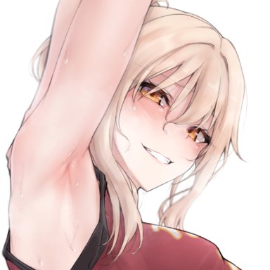 arm behind head, armpit focus, armpits, blonde hair, clenched teeth, commentary request, eyebrows visible through hair, eyes visible through hair, female, highres, looking at viewer, love live!, love live! nijigasaki high school idol club, miyashita ai, nasuno (nasuno42)