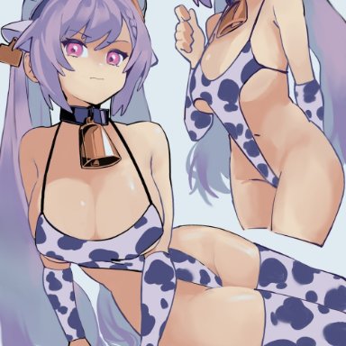 barely contained, big breasts, breasts, cow girl, cow print, cowbell, dismassd, genshin impact, keqing (genshin impact), lingerie, purple eyes, purple hair, thick thighs, thighhighs, thighs