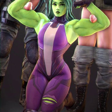 1girls, 2boys, animated, armpits, arms up, biceps, female, female focus, flexing, fortnite, froggysfm, green eyes, green hair, green skin, jennifer walters