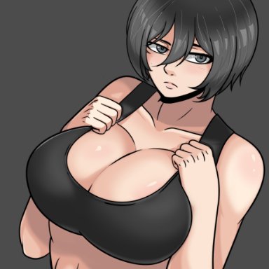 asian female, attack on titan, big breasts, black hair, breasts, clothed, clothing, female, female focus, female only, light-skinned female, looking away, mikasa ackerman, shingeki no kyojin, short hair