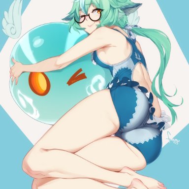 animal ears, ass, barefoot, blue hair, breasts, casual one-piece swimsuit, closed mouth, feet, feguimel, female, frilled swimsuit, frills, full body, genshin impact, glasses