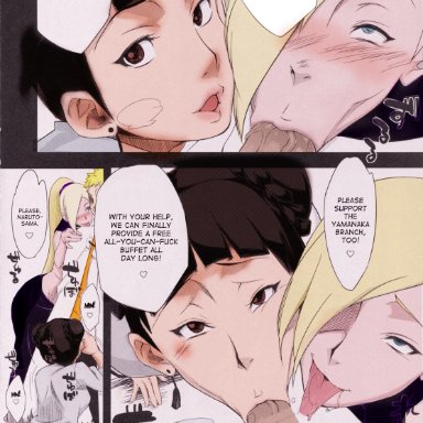 1boy, 2girls, :>=, bare ass, blonde hair, blowjob, blue eyes, blush, boruto: naruto next generations, brown eyes, brown hair, cape, clothed sex, clothing, collaborative fellatio