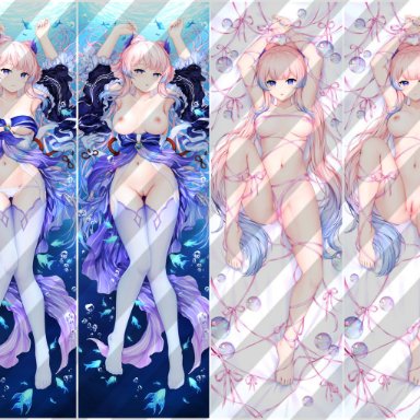 1girls, big breasts, bondage, bra, breasts, dakimakura, dakimakura design, genshin impact, kokomi (genshin impact), laying down, lingerie, nipples, panties, pink hair, purple eyes