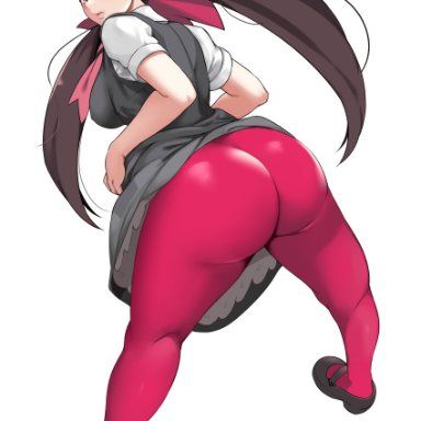 1girls, ass, big ass, big breasts, big butt, blush, breasts, brown hair, bubble butt, butt, double bun, eyebrows, female, gym leader, hair ribbon