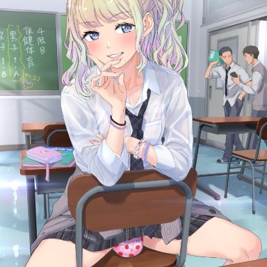 1boy, artist request, blonde hair, blue eyes, bulge, classroom, femboy, girly, lips, long hair, nails, onomi9ta, panties, school uniform, sitting on chair