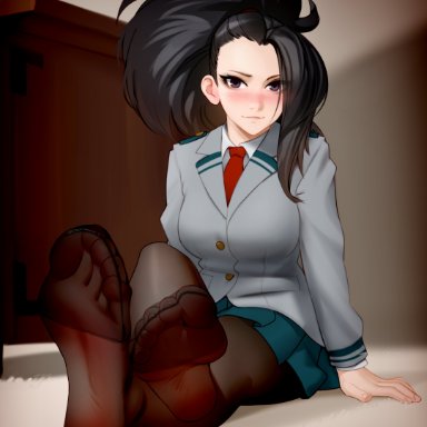 1girls, breasts, feet, female, female only, foot fetish, kairuhentai, looking at viewer, momo yaoyorozu, my hero academia, pantyhose, pov feet, presenting, presenting feet, solo