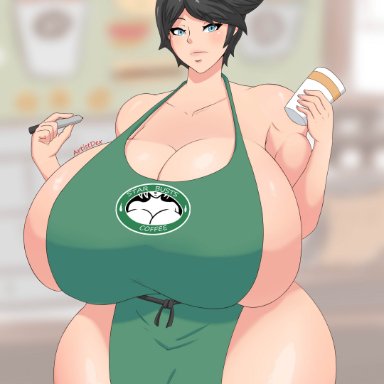 artistdex, big breasts, black hair, blue eyes, breasts, busty, cleavage, coffee cup, female, female focus, female only, hourglass figure, huge breasts, hyper breasts, iced latte with breast milk