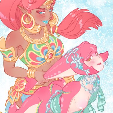 1futa, 1girls, alternate version available, breasts, breath of the wild, clothed, clothing, dark-skinned futanari, dark skin, duo, female, furu juru, futa on female, futanari, gerudo