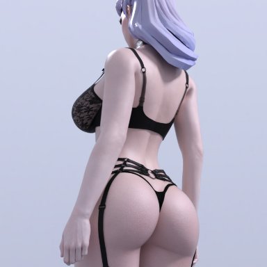 3d (artwork), ass, back view, black bra, black garter belt, black garter straps, black lingerie, black panties, black stockings, bra, depp (artist), evelynn, g-string, garter belt, garter straps