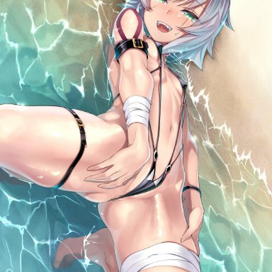 1girls, absurdres, anus peek, ass, bandage, bandaged arm, bandages, barefoot, beach, black swimsuit, blush, breasts, cameltoe, cleft of venus, clitoris