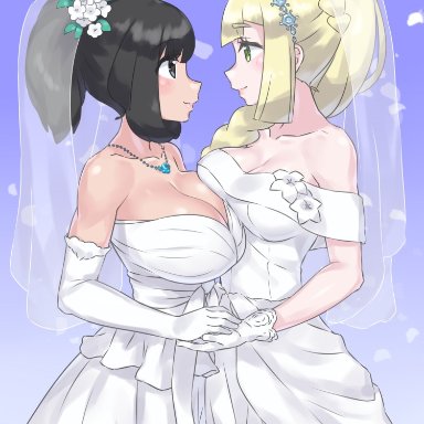 2017, 2girls, 3:4, aged up, asymmetrical docking, bare shoulders, black eyes, black hair, blonde hair, blush, braid, breast squish, breasts, bride, cleavage