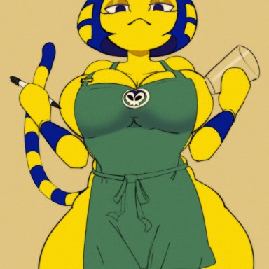 1girl, animal crossing, ankha, apron, apron only, big breasts, blue eyes, breasts, busty, egyptian, female, female only, glass, hornygami, huge breasts