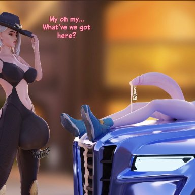2futas, 2girls, 3d, ashe (overwatch), big ass, big butt, big penis, bottomless, breasts, bulge, chainsmoker, clothed, clothing, dialogue, duo