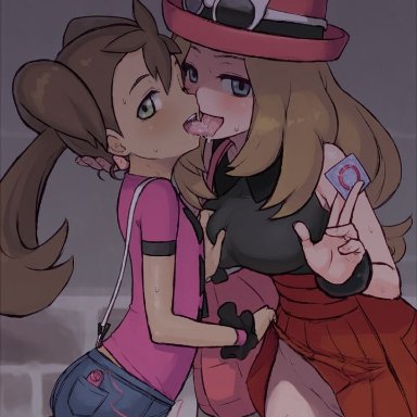 breast grab, breasts, brown hair, condom, female, female only, french kiss, hat, interracial, interracial yuri, kissing, nintendo, no panties under skirt, pokemon, pokemon xy