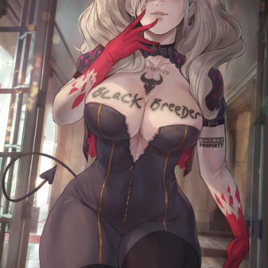 ann takamaki, big, breasts, cleavage, demon, devil, eyes, girl, horns, hourglass figure, round, shexyo, tail, tattoo, teenager